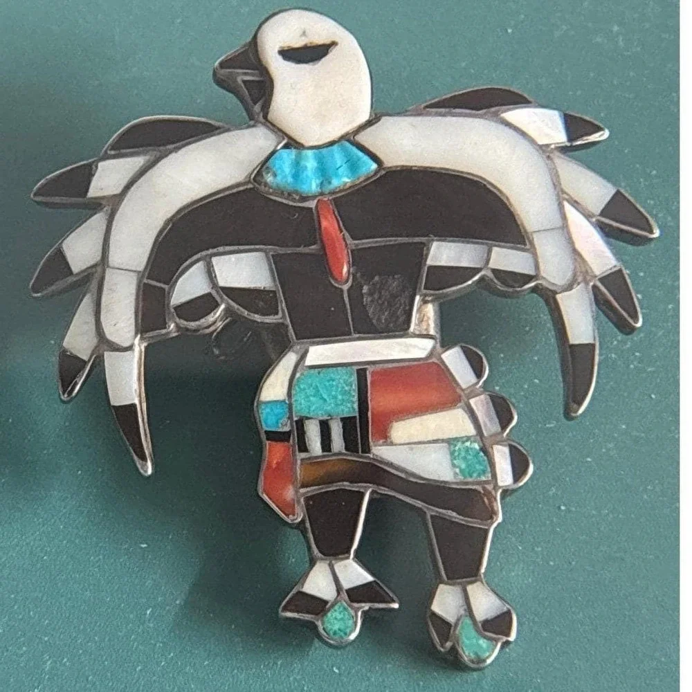 Vintage Sterling Zuni Inlay Bolo Eagle‎ Dancer Sterling Silver Turquoise Coral